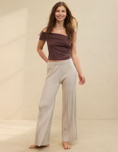 Aerie High Waisted Sweater Pant Casual Ribbed Leisure Bottoms, Spring Ribbed Sweatpants For Loungewear, Soft Knit Pants For Fall Loungewear, Soft Knit Lounge Pants For Fall, Cozy Fit Bottoms For Loungewear In Fall, Trendy Cozy Fit Bottoms For Loungewear, Casual Soft Knit Bottoms For Loungewear, Comfortable Soft Knit Bottoms For Lounging, Casual Ribbed Bottoms For Lounging