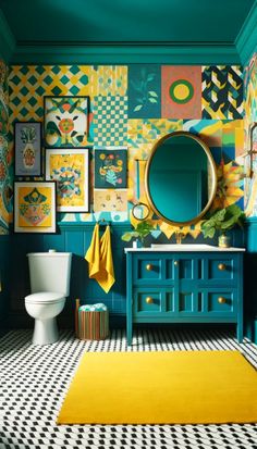 a bathroom decorated in bright colors and patterns with yellow rugs on the floor, blue vanity mirror, white toilet and black and white checkerboard wall