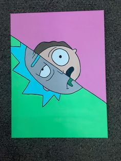 a drawing of a cartoon character on a green and purple background with an upside down nose