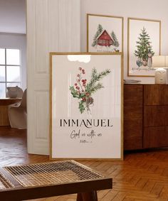 there is a sign that says immanuel on it in front of a wooden table