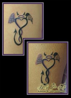 two pictures of the same tattoo on someone's thigh, one with an arrow and the other with a heart