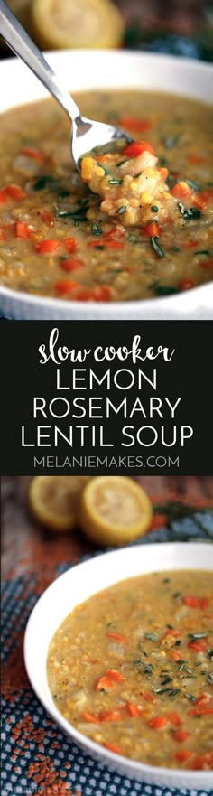 two bowls of soup with lemon and rosemary