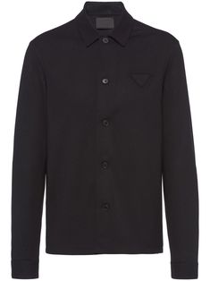 Black cashmere-wool blend button-up long-sleeve shirt from PRADA featuring triangle logo, classic collar, front button fastening, drop shoulder, long sleeves, buttoned cuffs and straight hem. Prada Shirt, Prada Triangle, Wardrobe Classic, Triangle Logo, Hem Style, Cashmere Wool, Men's Style, Denim Shirt, Drop Shoulder