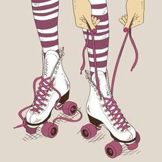 the legs and feet of a woman in roller skates with pink laces on them