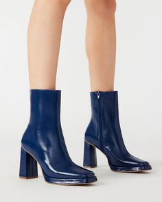 FREYA Navy Leather Square Toe Ankle Bootie | Women's Booties – Steve Madden Blue Leather Boots, Blue Block Heels, Groovy Clothes, Steve Madden Store, Blue Boots, Leather Socks, 5 Inch Heels, Block Heel Boots, Navy Leather