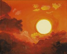 an oil painting of a sunset with clouds and sun in the sky above it,