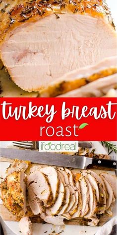 turkey breast roast on a white plate with knife and fork