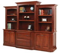 a wooden bookcase with two doors and drawers