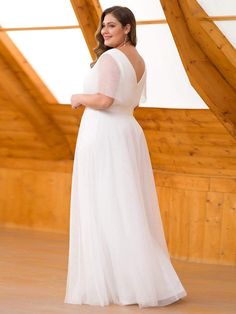 Women's Floor-Length Plus Size Formal Bridesmaid Dress with Short Sleeve #color_White