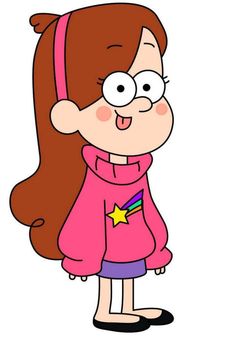 a cartoon girl with long brown hair wearing a pink sweater and purple pants, standing in front of a white background