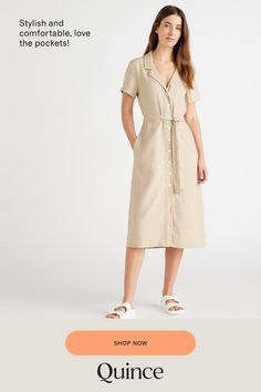 This midi linen dress should be in every wardrobe. Made from 100% organic linen and designed to be versatile, with elegant buttons down the front, and two pockets at the waist, and adjustable removable belt for the perfect fit.  | Quince | Women's Short Sleeve Dress in Driftwood, Size Large, Linen Midi Linen Dress, Button Front Dress, European Linens, Organic Linens, Short Sleeve Dress, Linen Dress, Quince, Sleeve Dress, Short Sleeve Dresses