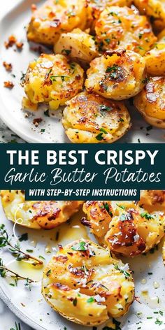 Enjoy crispy smashed potatoes that are crispy on the outside, soft and fluffy on the inside. Drizzled with savory garlic butter and fresh herbs, this garlic smashed potatoes recipe is the perfect side dish for steak, roast chicken, holidays, and game day. Pan Smashed Potatoes, Ref Potatoes Recipes, Crispy Garlic Smashed Potatoes, Smashed Potatoes Instant Pot, Perfect Sides For Steak, Ultra Crispy Smashed Potatoes, Smashed Garlic Potatoes In Oven, Smashed Greek Potatoes, Garlic Side Dishes