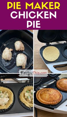 the process of making chicken pies in an electric griddle oven with text overlay