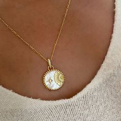 "\"You are my Sun, my Moon and all of my Stars\" 18ct Gold Plated Sterling Silver. ♥ 925 Sterling silver ♥ 18k Gold plating ♥ Mother of Pearl ♥ Tarnish Free and Waterproof ♥ Pendant 2cm  ♥ Chain length 49cm (extends to 54cm) We pride ourselves in selling beautiful and high quality jewellery. This necklace will NOT tarnish or go green and will last you a lifetime. You're getting waterproof, affordable and beautifully packaged jewellery from Fleura by Arabesques Jewels. Each necklace will be beautifully packaged in a Fleura gift box." Sun Moon And Star Jewelry, Gold Chain And Pendant, Pearl Gold Chain, Necklace Sun, Sun And Moon Necklace, Star And Moon Necklace, Chain And Pendant, Celestial Necklace, Gold Chain With Pendant