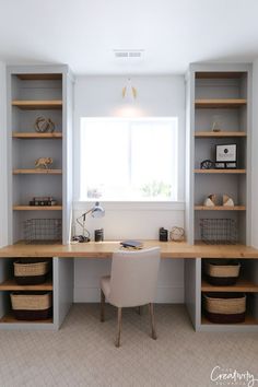 a desk and shelves in a room with light colored walls, white flooring and beige carpet