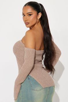 Available In Taupe. Pullover Sweater Long Sleeve Off Shoulder Split Side Hem Ribbed Self: 55% Polyester 45% Acrylic Imported | Treat Yourself Off Shoulder Sweater in Taupe size Small by Fashion Nova Beige Off-shoulder Winter Tops, Beige Off-shoulder Tops For Fall, Taupe Fashion, Off Shoulder Sweater, Matching Dresses, Shoulder Sweater, Long Sweaters, Pullover Sweater, Treat Yourself