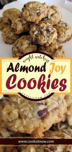 an image of almond joy cookies on a white plate with the title overlaying