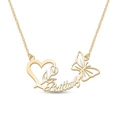 Make this whimsical pendant necklace one-of-a-kind by customizing with your name or the name of someone special. Made in responsibly sourced Sterling Silver, 10K or 14K White or Yellow Gold for everyday wear with proper care. Chain Lengths: 16 in, 18 in, or 20 in. Chain Width: 1 mm Pendant Size: 31.5 x 17 mm Character Limit: 8 Flower And Butterfly, Heart Flower, Jewelry Accessories Ideas, Accessories Ideas, Flower Heart, Name Necklace, Chain Lengths, Your Name, Personalized Jewelry