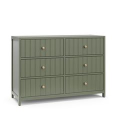 a green chest of drawers with brass knobs on the top and bottom, against a white background