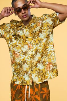 Men’s Short Sleeve Pajama Camp Shirt - Yellow Botanical - 1 of 7 Yellow Hawaiian Shirt With Camp Collar For Spring, Yellow Floral Print Hawaiian Shirt For Summer, Yellow Camp Collar Hawaiian Shirt For Spring, Yellow Cotton Hawaiian Shirt With Floral Print, Yellow Floral Print Top With Camp Collar, Yellow Hawaiian Camp Shirt With Camp Collar, Yellow Floral Print Tropical Tops, Yellow Tropical Floral Print Tops, Relaxed Fit Yellow Printed Hawaiian Shirt