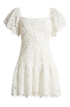 Fluttery short sleeves and elegant lace charm this sweet minidress topped with a wide square neckline. 28" center front length (size Medium) Hidden back-zip closure Square neck Short sleeves Lined 100% polyester Machine wash, line dry Imported Elegant Mini Dress With Flutter Sleeve For Garden Party, White Lace Dress With Short Sleeves, Short Sleeve Lace Dress For Garden Party, Short Sleeve Mini Dress For Wedding, White Lace Dress With Ruffles And Short Sleeves, Wedding Mini Dress With Short Sleeves, Lace Mini Dress With Short Sleeves For Wedding, Chic Short Sleeve Mini Dress With Scalloped Lace, White Lace Mini Dress With Short Sleeves