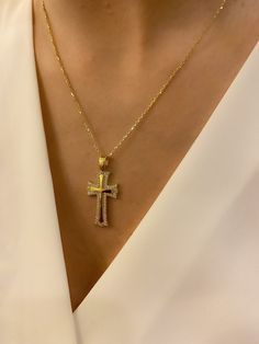 "ABOUT PRODUCT This 14K Solid Gold Cross necklace is beautifully designed and hand crafted with our associates to make this a special gift for your loved ones. Knowing the value of our customers, We prepare each piece with extra care and attention. ITEM DETAILS Material: 14K Gold Approx: 4,2 grams with the chains. Only Pendant is 2,455 grams. Available colors: Gold, Rose Gold, White Gold Available Sizes: 14\" to 20\" ✪ 14k Solid Gold ( Certification will be included with your order ) ✪Available Luxury Crucifix Cross Necklace For Formal Events, Solid Gold Cross Necklace, Gold Plated Pendant Cross Necklace, Gold Plated Cross Pendant Necklace, Gold Pendant Cross Necklace Fine Jewelry, Luxury Tarnish-resistant Cross Necklaces, Luxury Tarnish-resistant Cross Jewelry, Gold Plated Pendant Cross Necklace Gift, Luxury Gold Plated Cross Necklace