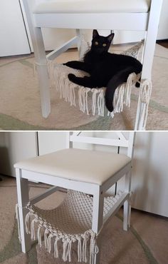 two pictures of a black cat laying under a white chair with tassels on it