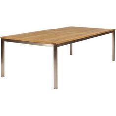 a wooden table with metal legs on a white background