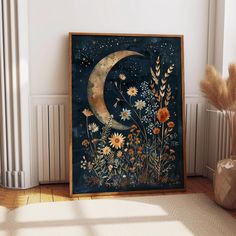 Embrace the tranquility of the cosmos with our "Stellar Garden Moonlight Art Poster," beautifully merging a lush floral arrangement under a serene moonlit sky. This art piece captures the ethereal connection between the celestial expanse and the vibrant earth below. This enchanting art piece features a delicate moon cradled amidst a vibrant array of nocturnal blooms, expertly printed on premium luster paper or canvas to ensure lasting beauty and detail. Offered in various sizes, our Stellar Garden poster adapts to any space, whether you're looking to embellish a small reading nook or a grand living area. Choose from framed or unframed options to best suit your decor style and personal taste, making it versatile for gift-giving or personalizing your own space. The rich, dark background acce Celestial Flowers, Celestial Floral, Night Sky Wall, Moon And Flowers, Moonlight Art, Garden Poster, Moonlit Sky, Flowers Wall Art, Wall Art Posters