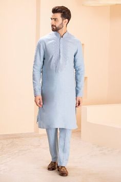 Blue linen kurta with placed dori embroidery on front yoke. Paired with a matching plain aligadhi. - Aza Fashions Dori Embroidery, Men Kurta, Aza Fashion, Embroidery, Blue