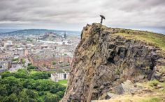 a bird is perched on top of a rock in the middle of a large city