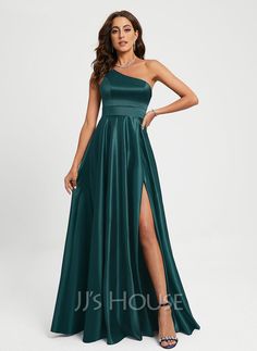 [AU$171.00] A-Line One-Shoulder Floor-Length Satin Prom Dresses With Beading One Shoulder Green Prom Dress, Green Prom Looks, Jjshouse Dresses, Awards Dress, Debs Dress, Satin Prom Dresses, One Shoulder Prom Dress, Military Ball Dresses, Elegant Prom