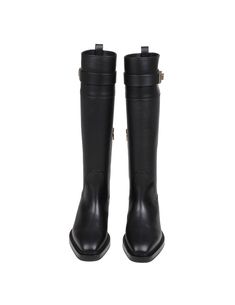 Leather knee boot black colour look inspired by equestrian models square shape of the tip thick leather sole strap with gancini buckle on the shaft adds an iconic touch heel height 2 cm side zip closure composition 100% calfskin internal composition 100% leather made in italy Leather Knee Boots, Equestrian Boots, Knee Boot, Ferragamo Shoes, Sneaker Wedge, Black Colour, Square Shape, Manolo Blahnik, Salvatore Ferragamo