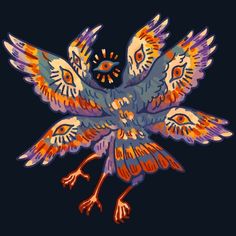 a colorful bird flying in the air with it's wings spread out and eyes open