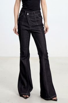 These Flared Jeans feature a high waistline, an irregular closure, slim, flared legs and pockets, making them the perfect jeans for any outfit. The irregular closure adds a unique touch while the flared legs provide a flattering silhouette. With their slim cut and comfortable fit, these jeans will keep you looking stylish and feeling comfortable!Fabric: Cotton, Polyester Black Flared Jeans, The Perfect Jeans, Black Flare, Perfect Jeans, Swimwear Cover Ups, Swimwear Cover, Flared Jeans, Swimwear Tops, Fabric Cotton