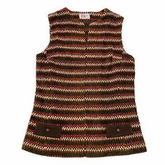 "Groovy '60s Autumn Vibes Zigzag Pattern Warm Vest Check out this groovy '60s vest! It's SUPER SOFT, cozy and perfect for chilly days. The vest rocks two cool faux pockets with snazzy metal buttons and a zigzag pattern in warm burnt orange, white, chocolate brown, and burnt gold. No need for buttons or zippers - it's an open-style wonder. Stay warm and stylish this fall and winter with those awesome autumn vibes!\"  In PERFECT Pre-Loved Condition. There is no material tag but it's very soft and Retro Sleeveless Fall Outerwear, Retro Sleeveless Outerwear For Fall, Retro Fitted Brown Sweater Vest, Fitted Retro Brown Sweater Vest, Vintage Brown Sweater Vest For Fall, Retro Winter Sweater Vest, 60s Vest, Thrift Manifest, Two Cool