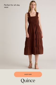 Looking for an effortlessly stylish and comfortable dress that's also sustainable? Our 100% European Linen Smocked Midi Dress has got you covered. Crafted from high-quality linen sourced from Europe, this dress is not only luxurious but also eco-friendly. The smocked design at the bust and waist flatters your figure while offering a relaxed fit that's perfect for all-day wear. And with its midi length, it exudes an air of casual elegance that's perfect for any occasion.  | Quince | Women's 100% European Linen Smocked Midi Dress in Chocolate, Size XS Linen Smocked Dress For Daywear, Casual Linen Midi Dress With Smocked Back, Casual Smocked Linen Dress With Ruched Detail, Casual Linen Smocked Dress With Smocked Back, European Linens, Comfortable Dress, Linen Women, Casual Elegance, Womens Midi Dresses