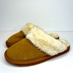 New With Tag. Genuine Suede Uppers, Faux Fur Lined. Casual Closed Toe Slippers With Plush Lining, Brown Suede Indoor Slippers, Suede Slippers With Plush Lining And Round Toe, Brown Plush Lined Slippers For Indoor, Brown Plush Lined Indoor Slippers, Brown Slippers With Suede Lining And Round Toe, Brown Round Toe Slippers With Suede Lining, Brown Suede-lined Round Toe Slippers, Winter Brown Slippers With Soft Sole