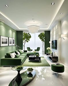 a living room with green and white furniture