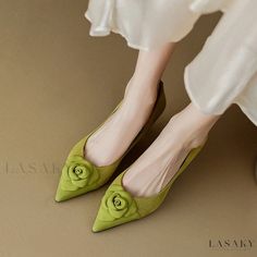 Lasaky - Beautiful High Heeled Shoes with Floral Accents Spring Flats With Padded Heel, Green Low Heel Flats For Spring, Chic Spring Flats With Padded Heel, Spring Synthetic Round Toe Court Shoes, Casual Green Low Heel Heels, Green Casual Pointed Toe Heels, Casual Green Pointed Toe Heels, Green Pointed Toe Casual Heels, Green Synthetic Heels For Fall