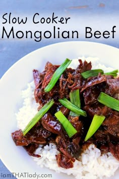 slow cooker beef on white rice with green onions