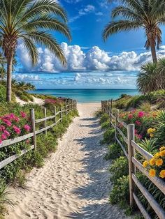 the path to the beach is lined with palm trees and colorful flowers on either side