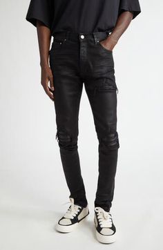 Pleated leather backs the handmade rips on this new iteration of the MX1 jeans from the prefall '24 collection and cut from Italian stretch denim. Button fly Five-pocket style 92% cotton, 6% elastomultiester, 2% elastane with leather contrast Spot clean Made in the USA Designer Clothing Designer Distressed Jeans For Streetwear, Luxury Black Jeans With Five Pockets, Black Leather Straight Leg Jeans, Luxury Denim Jeans For Streetwear, Black Leather Jeans Casual Style, Casual Black Leather Jeans, Black Leather Jeans For Streetwear, Edgy Black Leather Jeans, Urban Leather Straight Leg Jeans