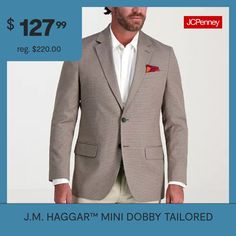 Discover timeless sophistication with the j. M. Haggar mini dobby tailored sport coat—an epitome of refined style and meticulous craftsmanship. Embrace the tailored fit that accentuates your silhouette, coupled with a 2-button closure and a classic notched lapel for a look that seamlessly merges modernity with tradition. The center back vent ensures both comfort and ease of movement, while the 4 sleeve buttons and hacking flap pockets add exquisite detailing to this sartorial masterpiece. Revel… Refined Style, Sport Coats, Sport Coat, Flap Pocket, Stretch Fabric, Fabric, Free Shipping, Tweed Jacket