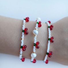 Beaded cherry & pearl bracelet Cherry bracelet Pearl bracelet - Etsy Pearl Bracelets With Spacer Beads For Gifts, Handmade Pearl Bracelets With Round Beads, Pearl Beaded Bracelets As Gift, Pearl Beaded Bracelets For Gifts, Handmade Dainty Pearl Beaded Bracelets, Festive Tiny Beads Bracelets, Dainty Handmade Pearl Beaded Bracelets, White Pearl Bracelets For Festive Occasions, Adjustable White Pearl Bracelet For Festive Occasions