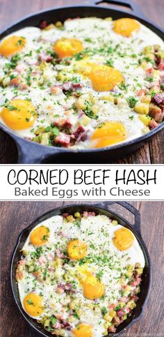 corned beef hash browns with eggs in a cast iron skillet on a wooden table