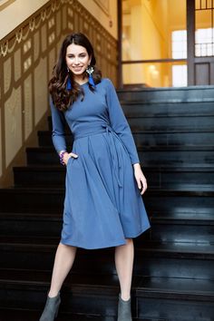 Blue dress with side pockets ➤ Features > Dress length: 99cm (38,97'') - 102cm (40,15'') > Long sleeves > Rounded neckline > Folds in skirt part > Zipper on the back ➤ Sizing My Size Guide in FAQ section below will help you define the perfect size match. The item can also be made according to your measurements - just message them to me. ➤ Delivery Your item is made-to-order and will be ready within 2-7 days. Average delivery times: > North America: up to 1-2 weeks > New Zeal Fitted A-line Belted Dress For Party, Evening Pleated Dresses With Flared Skirt, Fitted Blue A-line Long Sleeve Dress, Evening Dresses With Pleated Flared Skirt, Full Skirt Dress With Pleated Waist For Work, Fitted Flared Skirt Cocktail Dress, Evening Dress With Pleated Waist And Flared Skirt, Fitted Cocktail Dress With Flared Skirt, Formal Fit And Flare Dress With Flared Skirt