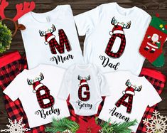 Family Christmas shirts that are trendy, fun, colorful and soft. The shirt is customized with a monogrammed initial and name for a personal touch. Matching Family Christmas Shirts, Group Shirts, Family Christmas Shirts, Matching Pajamas, Christmas Family, Custom Christmas, Mens Graphic Tee, Family Shirts, Family Christmas