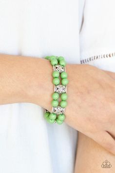 Double rows of vibrant green beads and floral silver frames are threaded along stretchy bands around the wrist for a whimsical flair. Sold as one individual bracelet. Green Bracelet, Floral Bracelet, Silver Frames, Green Beads, Jewelry Show, Paparazzi Accessories, Red Earrings, Stretchy Bracelets, Pink Beads