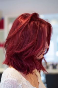 Red Shoulder Length Hair With Bangs, Red Lob Hair, Short Deep Red Hair, Shoulder Length Colored Hair, Red Hair Mid Length, Red Mid Length Hair, Red Head Short Hair, Red Hair Long Bob, Red Hair Lob